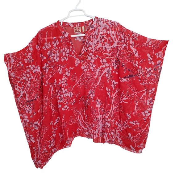 Vivienne Tam NWT Size 1X Blouse Semi Sheer Popover Cover-up Flutter Floral Red - Picture 2 of 12